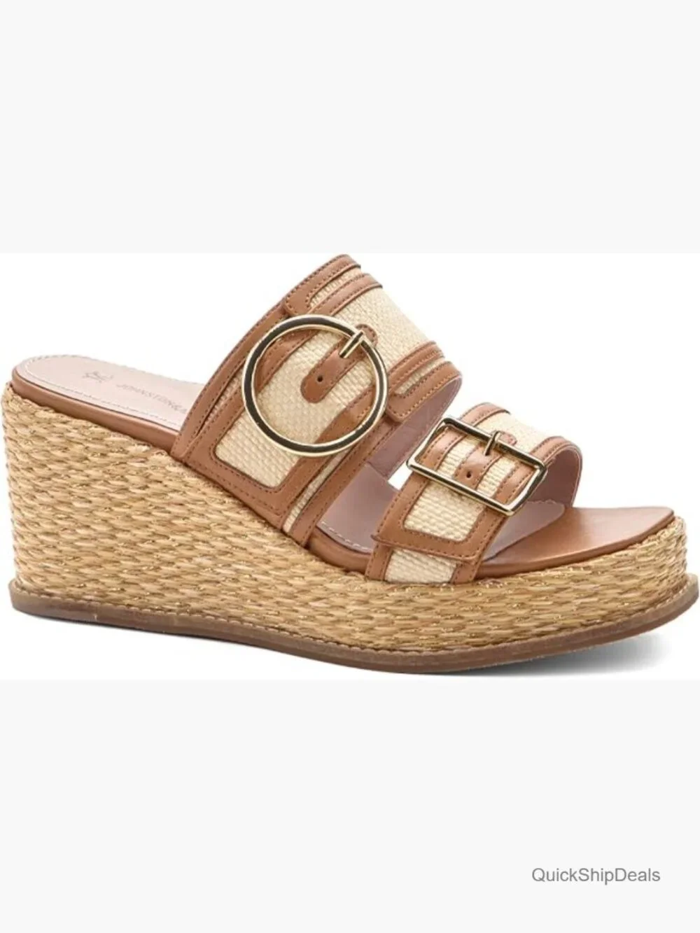 Mallory Double Buckle Wedge Sandals - Raffia Wedge Heel Leather